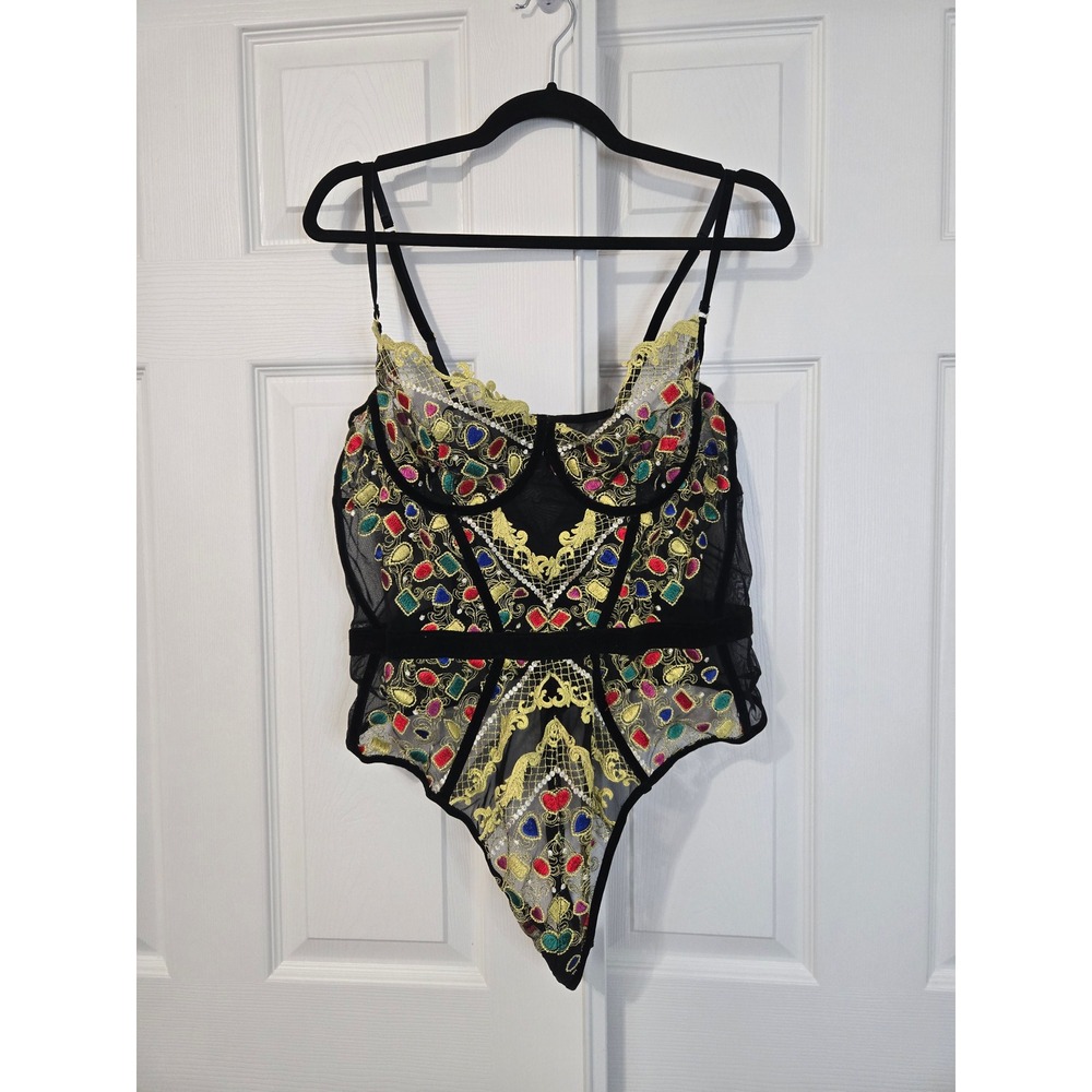 Jewel Embroidered Mesh Bodysuit Black Sheer Underwire Lingerie Top Multi Color